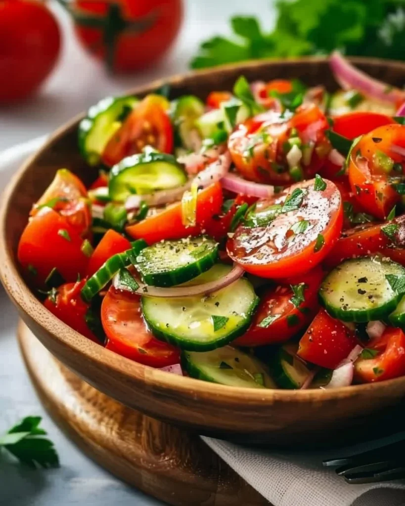 Delicious Tomato Cucumber Salad with fresh ingredients in a bowl
