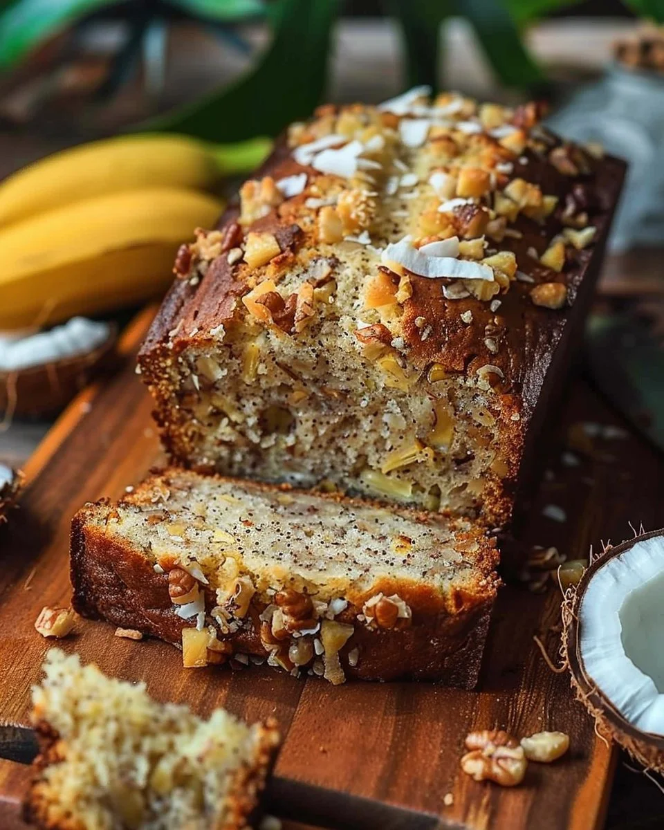 Slices of tropical banana pineapple bread topped with coconut and nuts