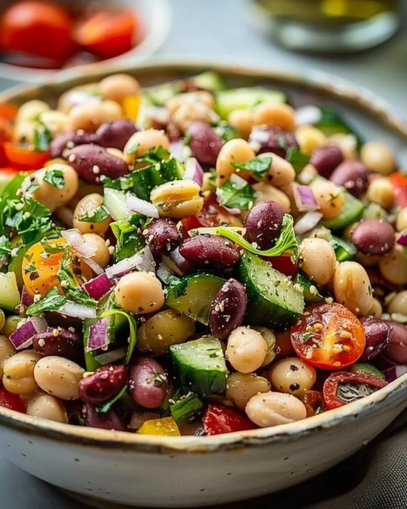 Vibrant bean salad featuring a mix of colorful beans and fresh vegetables