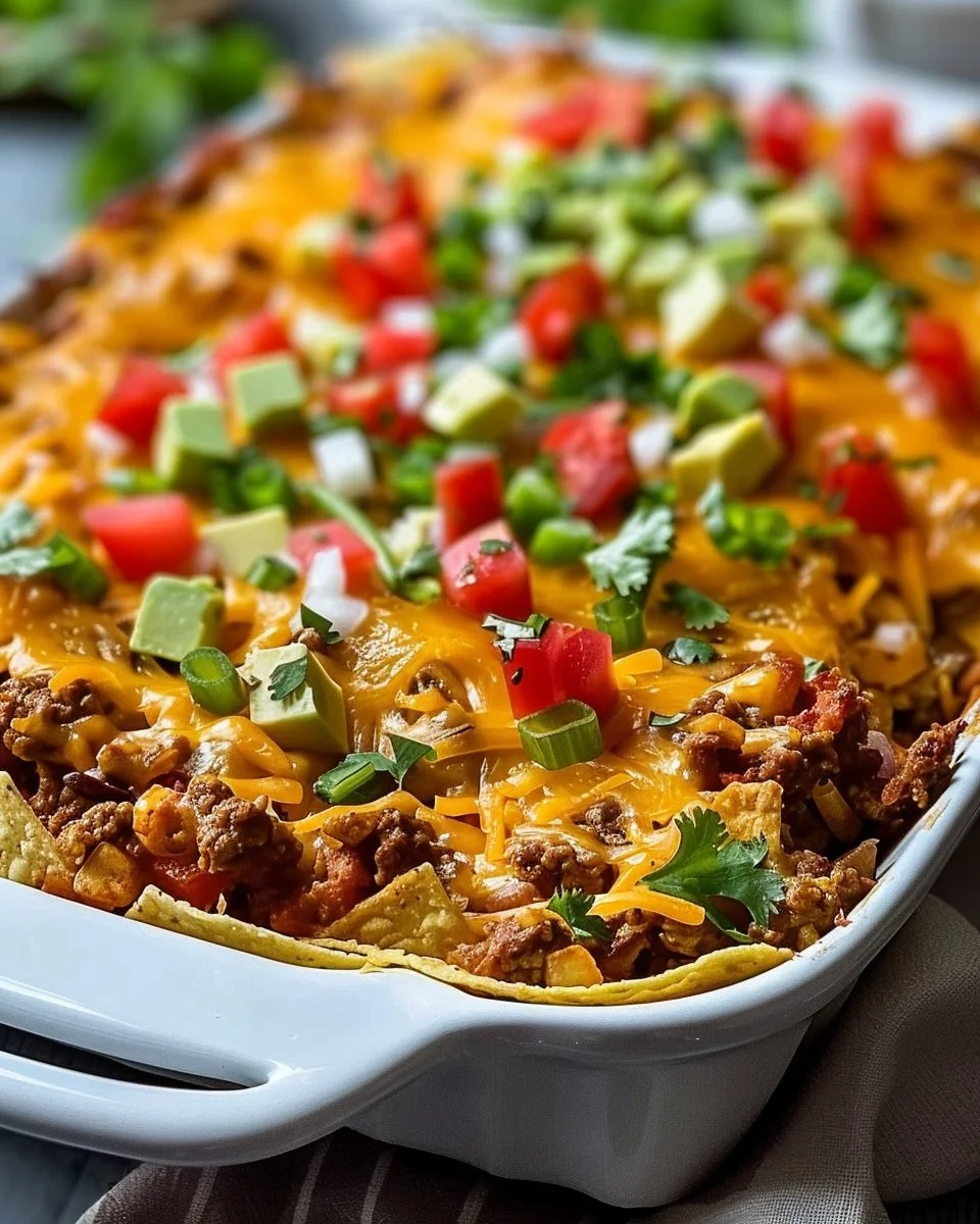 Delicious walking taco casserole dish served in a colorful bowl with toppings