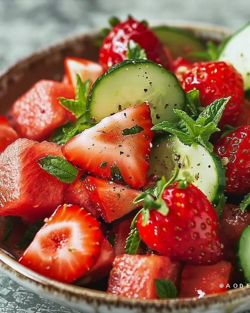 Watermelon Cucumber Strawberry Salad in a bowl garnished with mint leaves