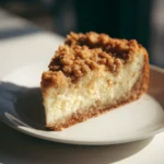 Delicious slice of Apple Crumble Cheesecake topped with crumble and caramel drizzle