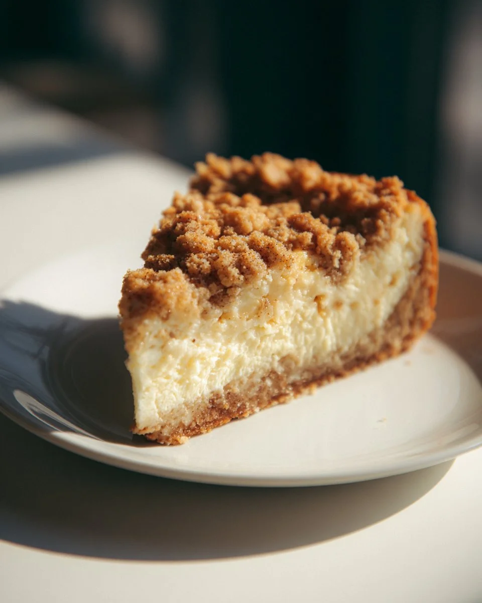 Delicious slice of Apple Crumble Cheesecake topped with crumble and caramel drizzle