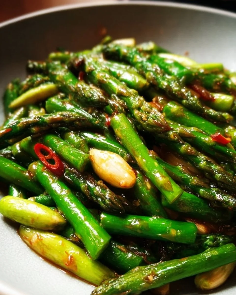 Delicious Asian asparagus stir fry with colorful vegetables