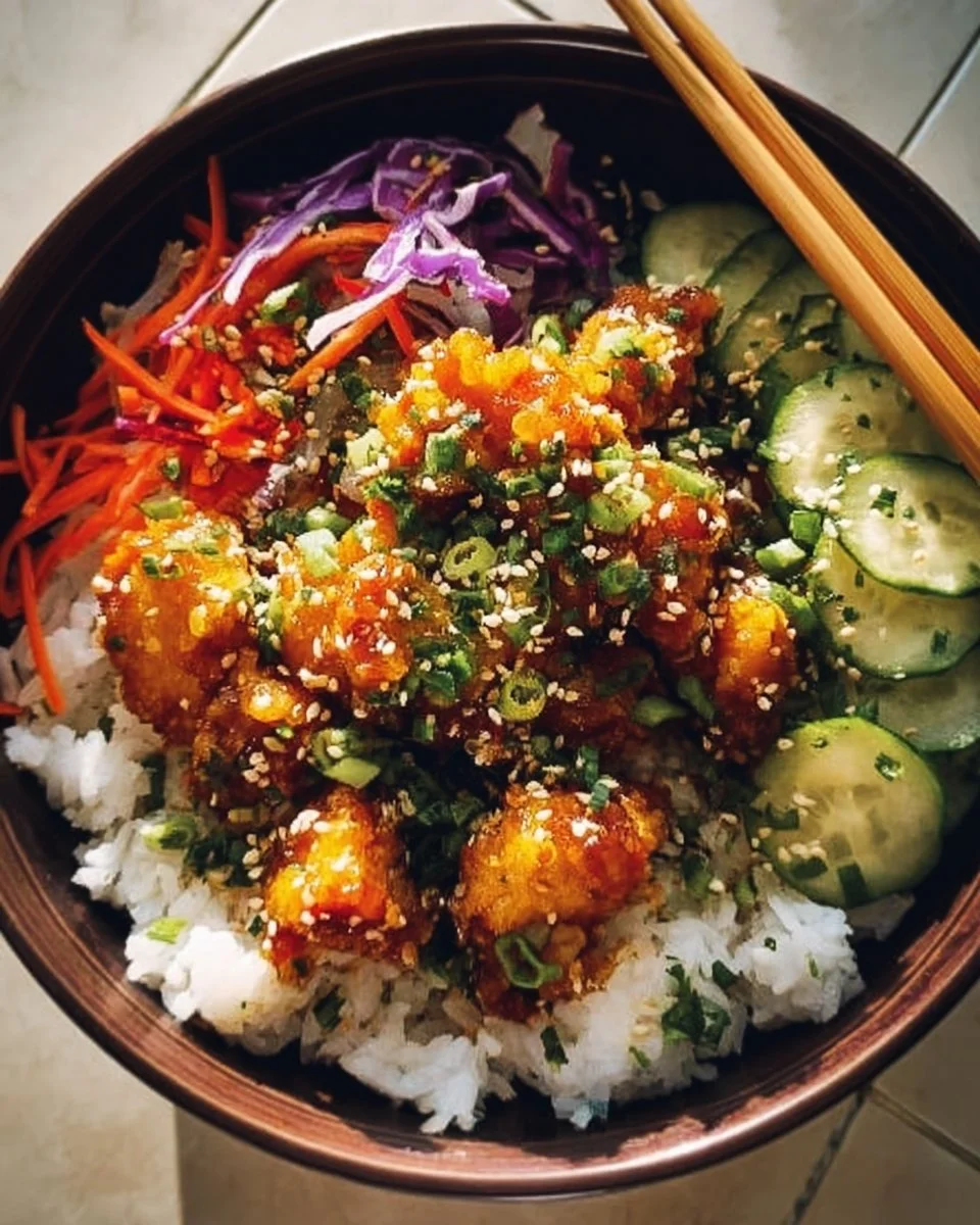 Delicious plate of spicy Bang Bang Chicken with vibrant garnishes