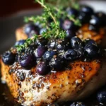 Best-ever blueberry thyme chicken on a plate garnished with thyme sprigs.