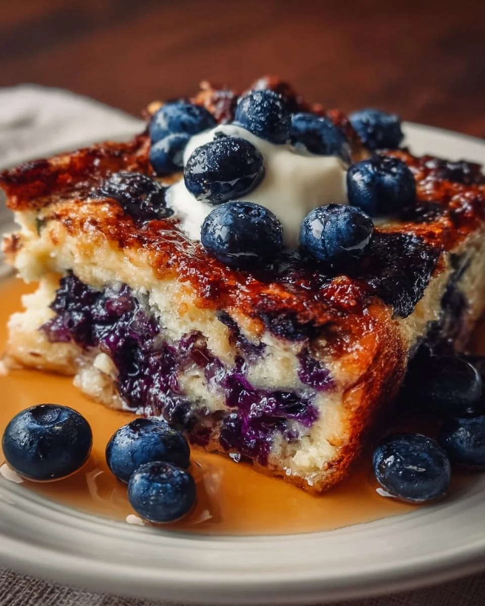 Blueberry Buttermilk Pancake Casserole served in a baking dish