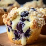Blueberry cream cheese muffins baked to golden perfection with fresh blueberries.