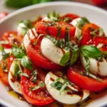 Delicious Caprese Salad with fresh tomatoes, mozzarella, and basil leaves.