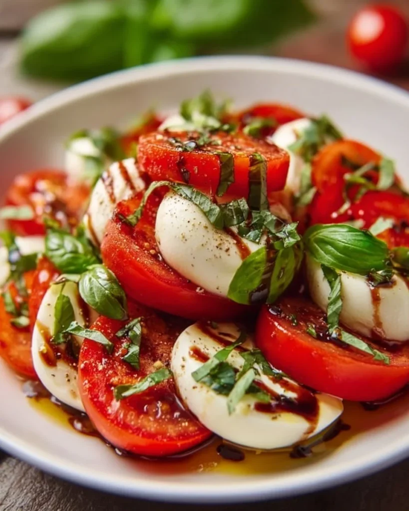 Delicious Caprese Salad with fresh tomatoes, mozzarella, and basil leaves.