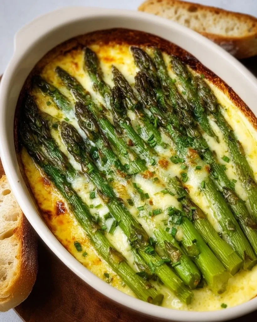 Deliciously baked cheesy asparagus ready to serve as a side dish.