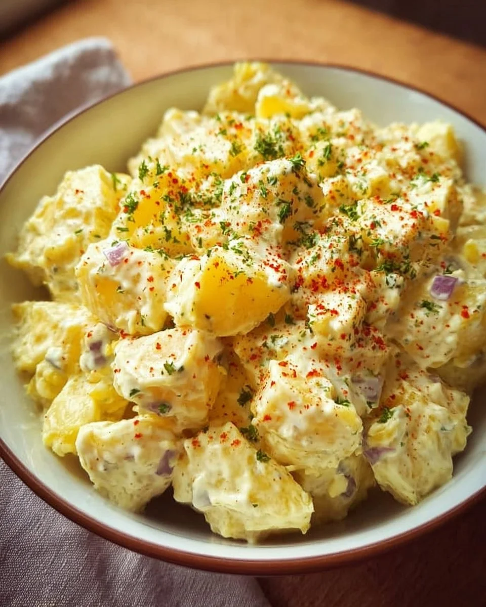 Delicious classic potato salad in a bowl, perfect for summer picnics.