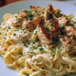 Creamy chicken Alfredo pasta served with fresh parsley and grated parmesan.