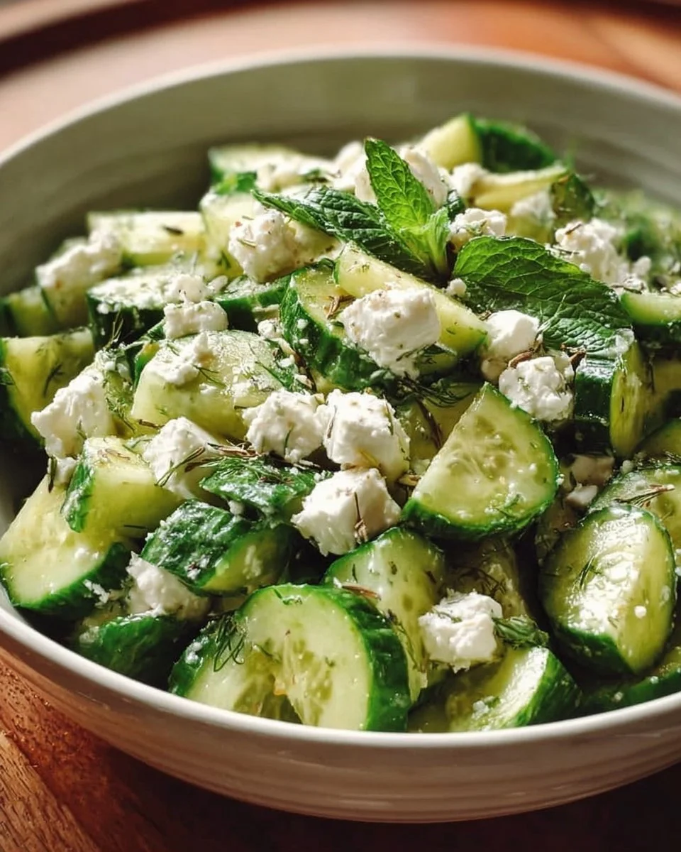 Cucumber salad with feta cheese, fresh herbs, and a drizzle of olive oil.
