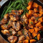 Honey garlic chicken served with roasted sweet potatoes on a plate