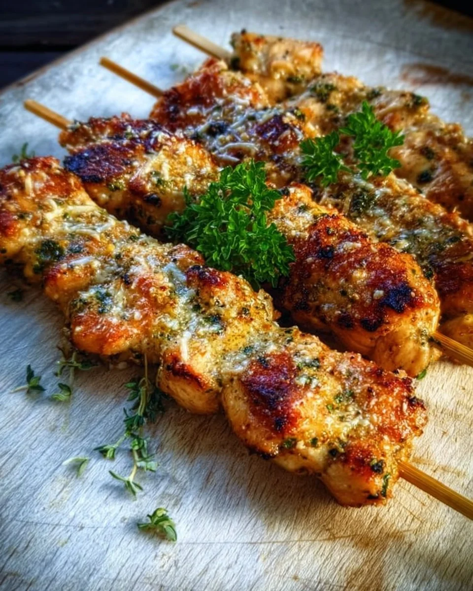 Delicious Garlic Parmesan Chicken Skewers ready to be served