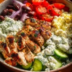 Healthy Greek chicken bowls with fresh vegetables and Mediterranean flavors