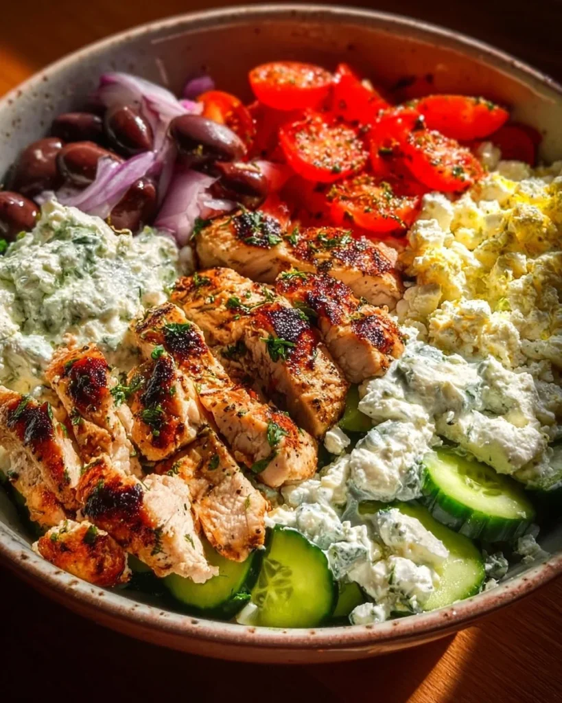 Healthy Greek chicken bowls with fresh vegetables and Mediterranean flavors