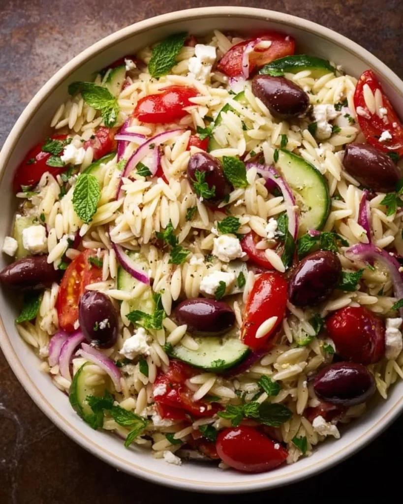 Colorful Greek Orzo Salad with feta, vegetables, and dressing in a bowl
