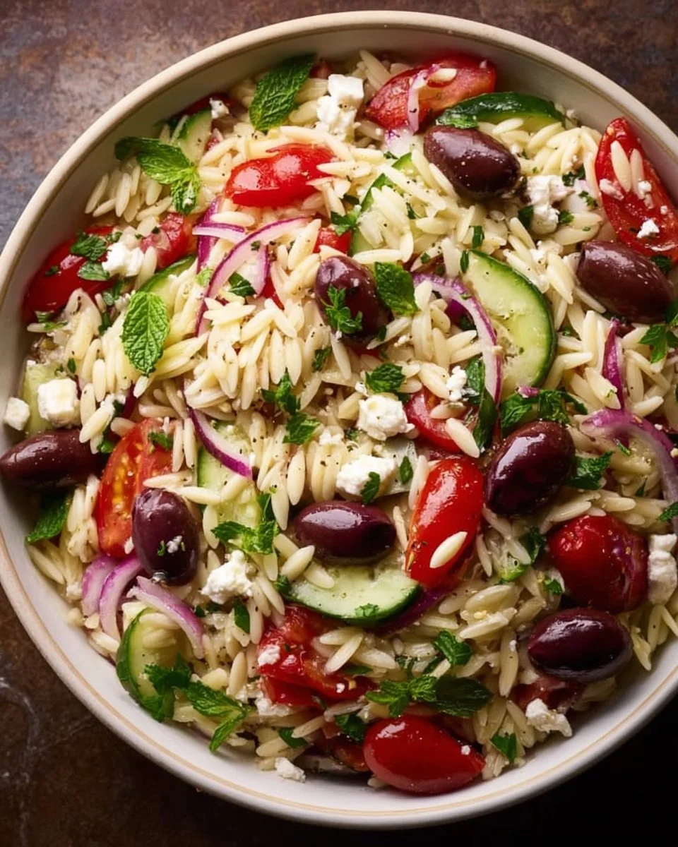 Colorful Greek Orzo Salad with feta, vegetables, and dressing in a bowl