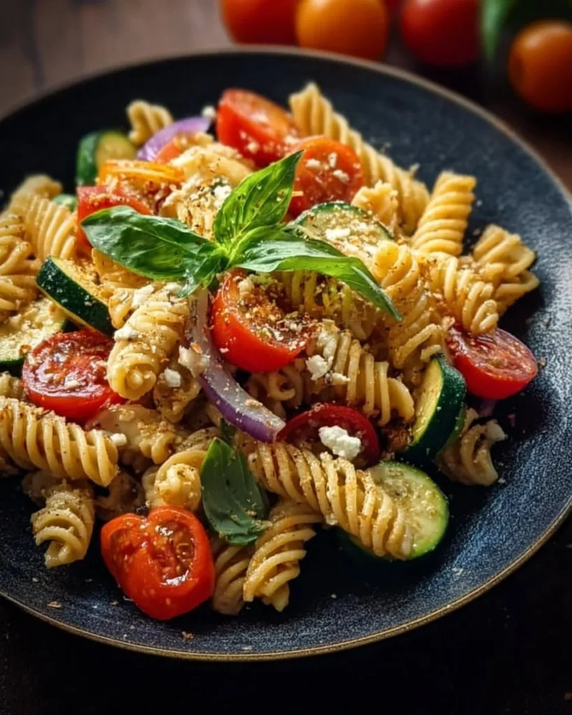 High protein pasta salad featuring colorful vegetables and wholesome ingredients