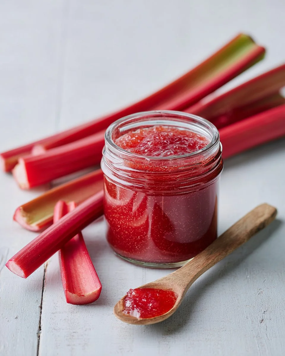 Jar of homemade rhubarb jam with fresh rhubarb stalks