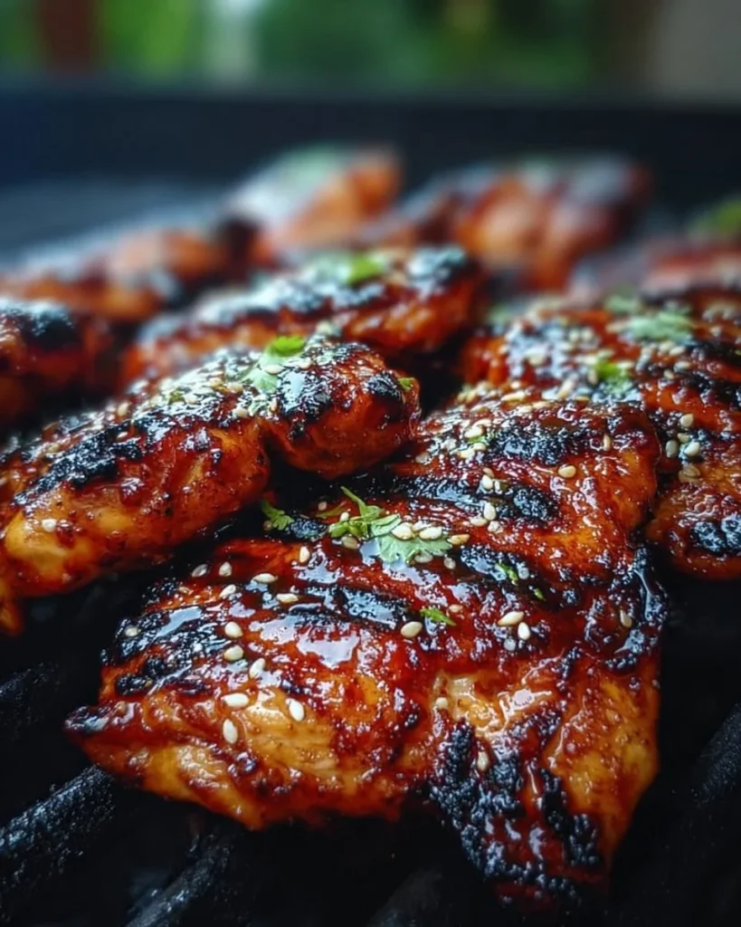 Delicious honey sriracha grilled chicken on a BBQ grill, garnished and ready to serve.