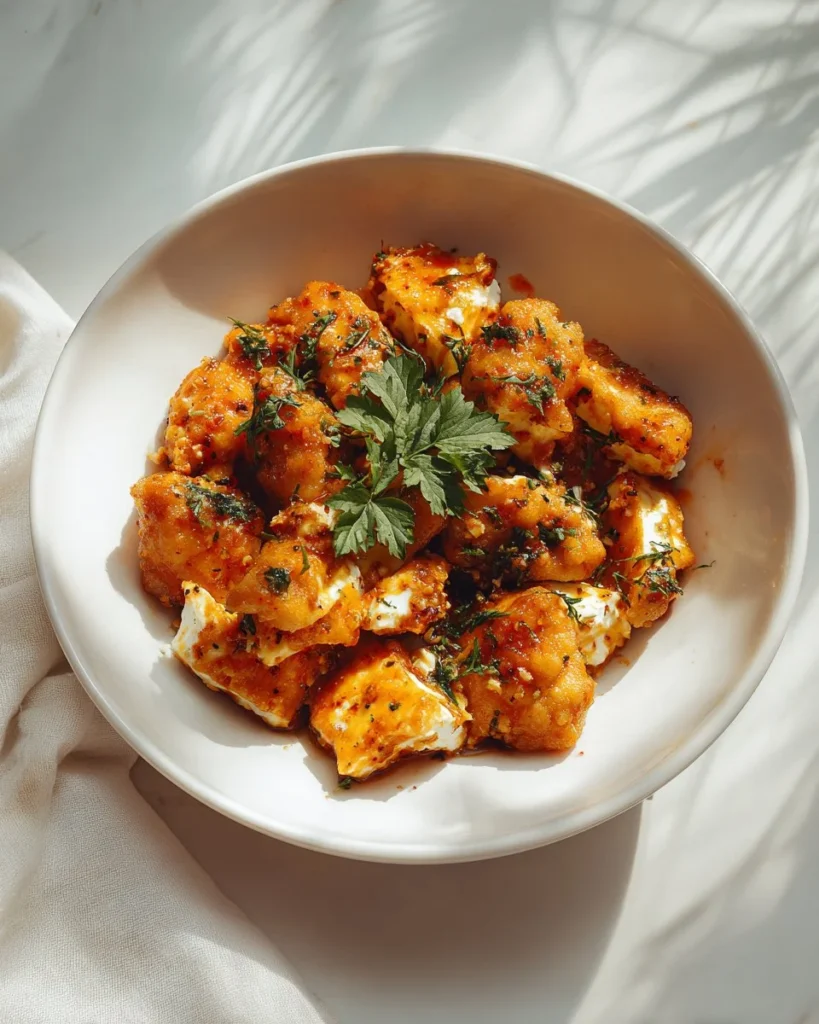 Hot Honey Feta Chicken served on a plate with herbs and spices
