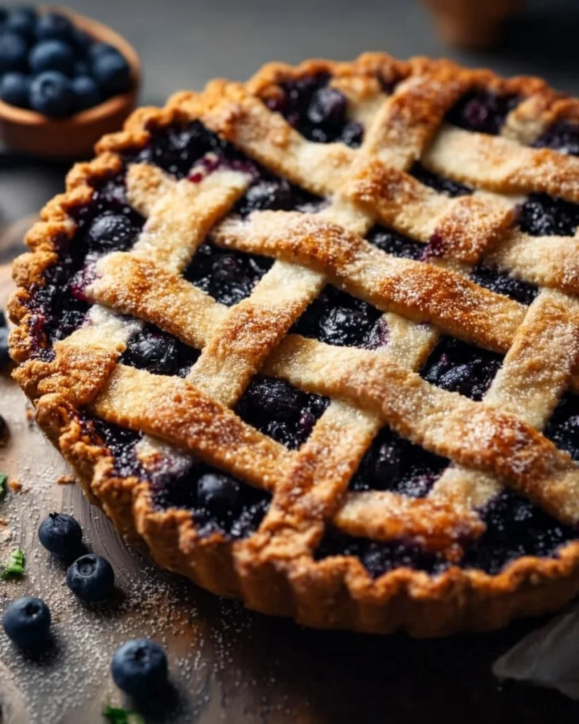 Lattice topped blueberry pie with fresh blueberries and golden crust