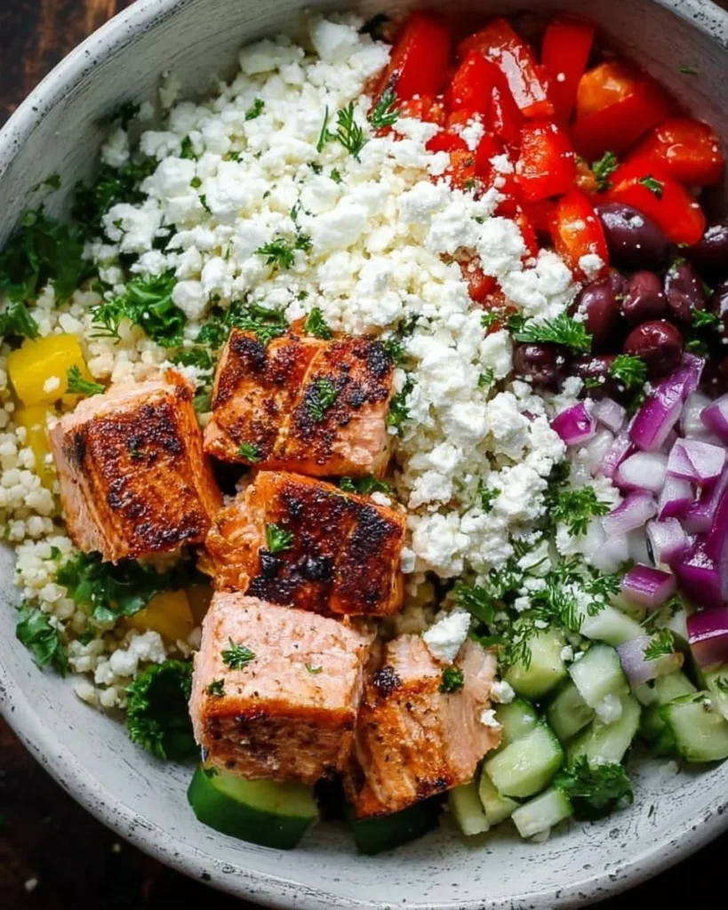 Mediterranean Salmon Bowl with fresh ingredients and vibrant colors