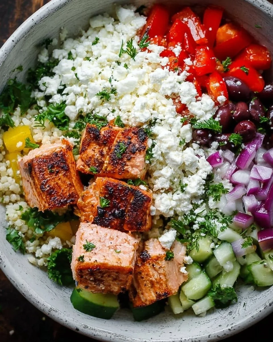Mediterranean Salmon Bowl with fresh ingredients and vibrant colors