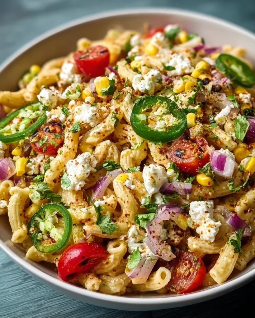 Bowl of Mexican street corn pasta salad with corn, peppers, and cilantro