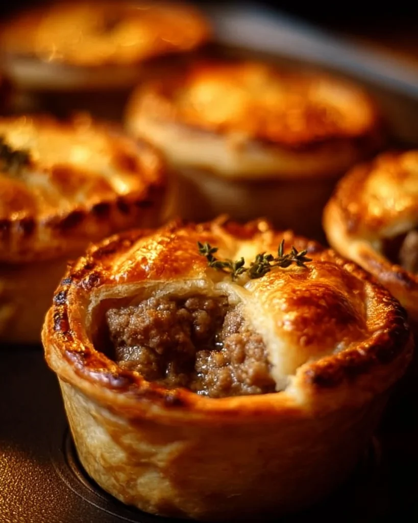 Muffin tin meat pies fresh out of the oven, golden brown and ready to serve.