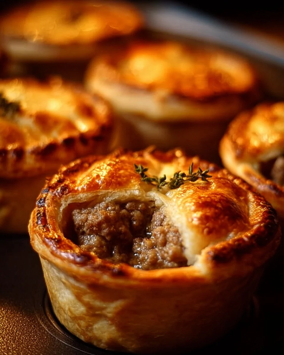 Muffin tin meat pies fresh out of the oven, golden brown and ready to serve.