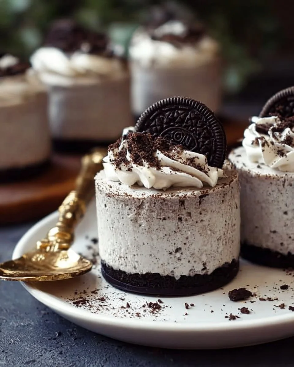 Delicious no-bake Oreo cheesecakes topped with crushed Oreos.
