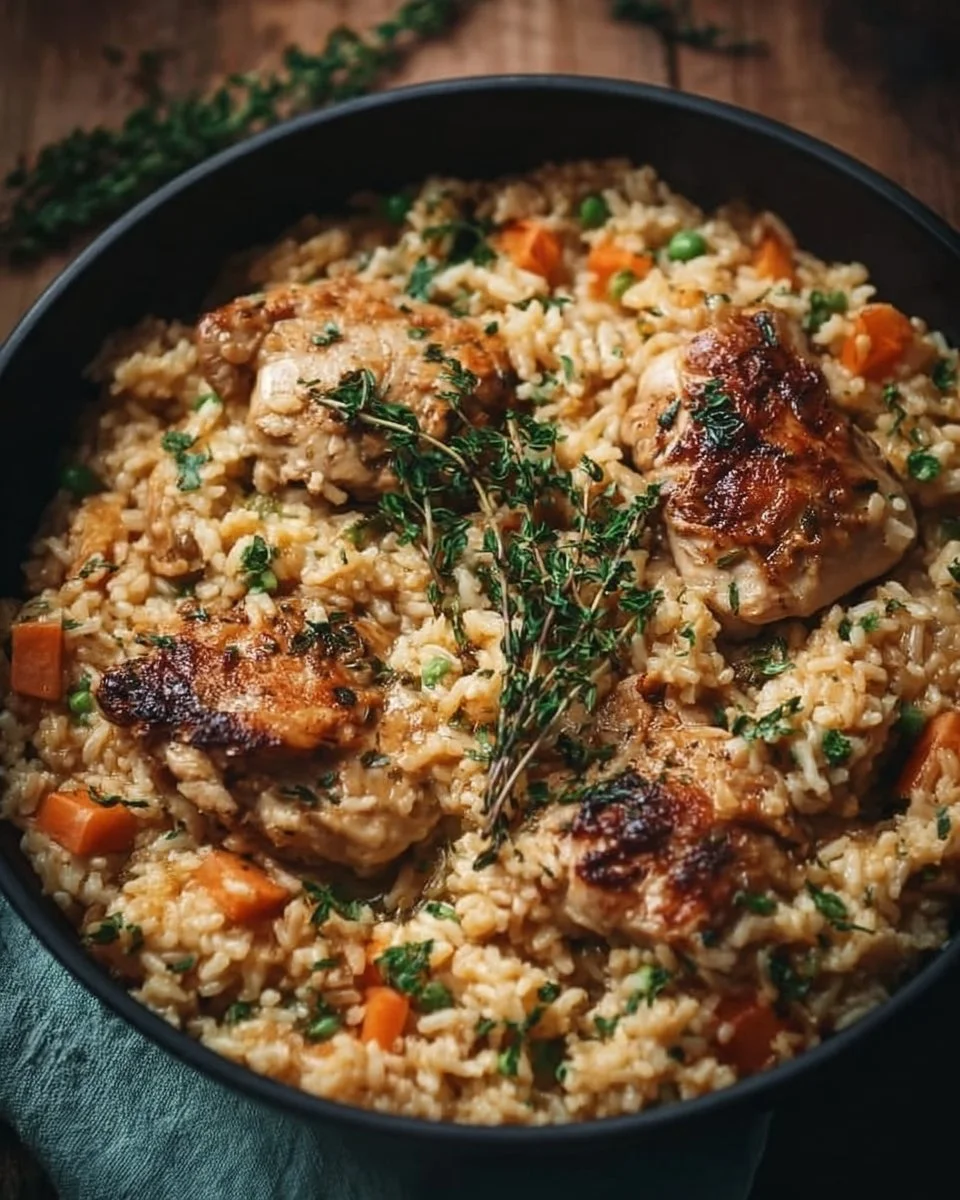Delicious one pot chicken and rice dish served with herbs and vegetables