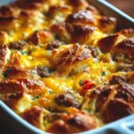 Delicious overnight croissant breakfast casserole ready to serve