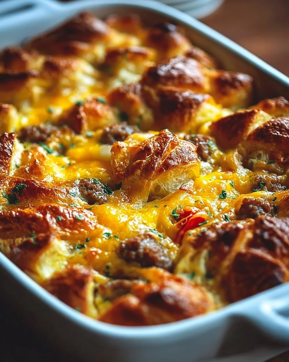 Delicious overnight croissant breakfast casserole ready to serve