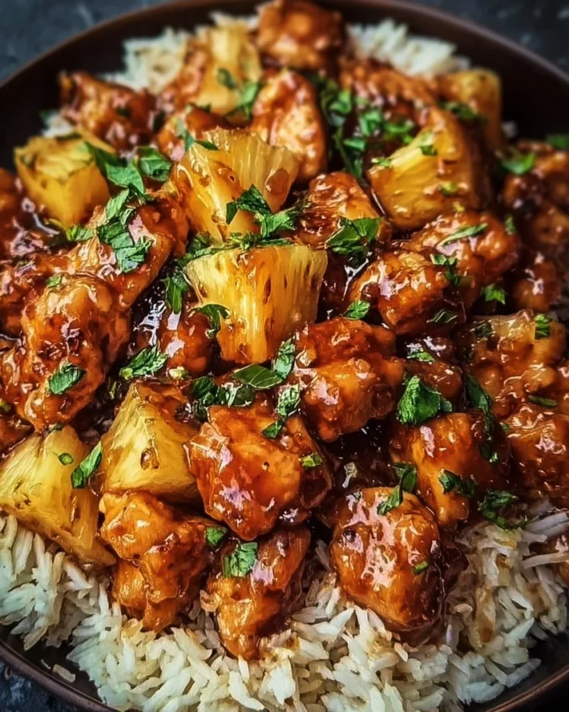 Plate of Pineapple Chicken and Rice garnished with herbs and served in a bowl.