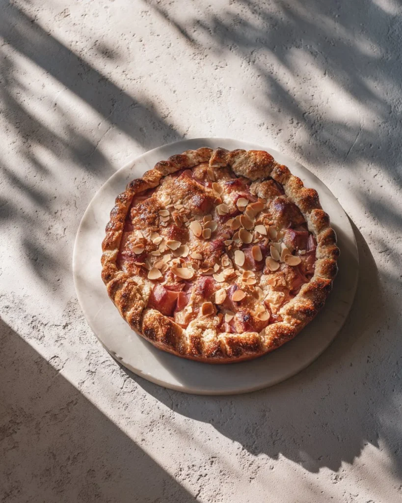 Delicious Rhubarb Almond Galette on a rustic wooden table