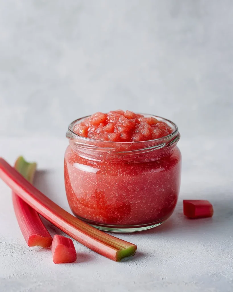 Freshly made rhubarb compote in a glass jar on a wooden table