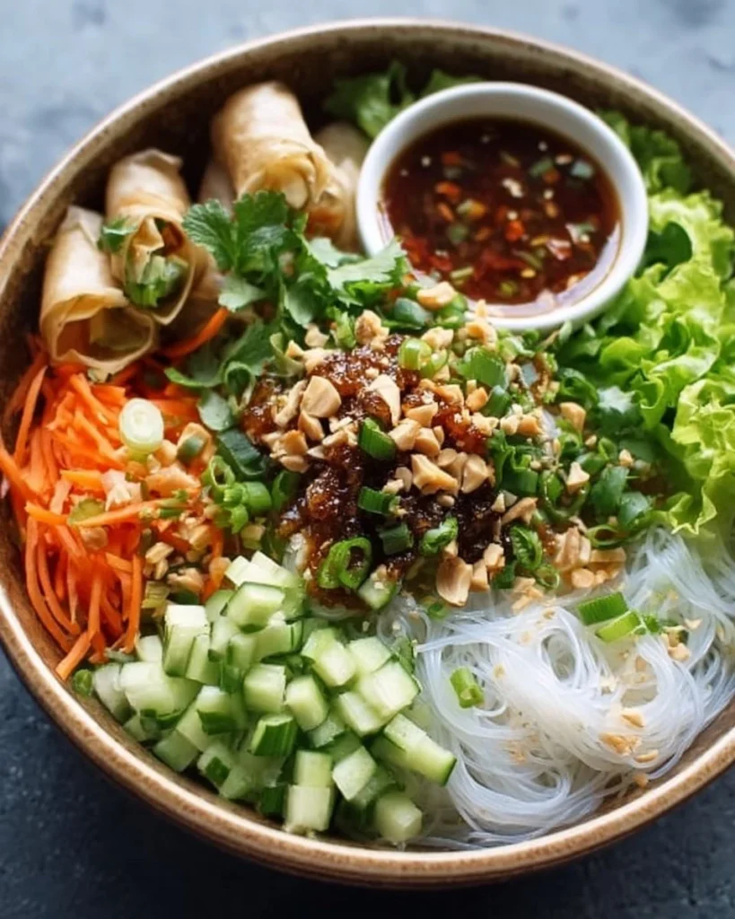 Colorful spring roll bowls filled with fresh vegetables and protein