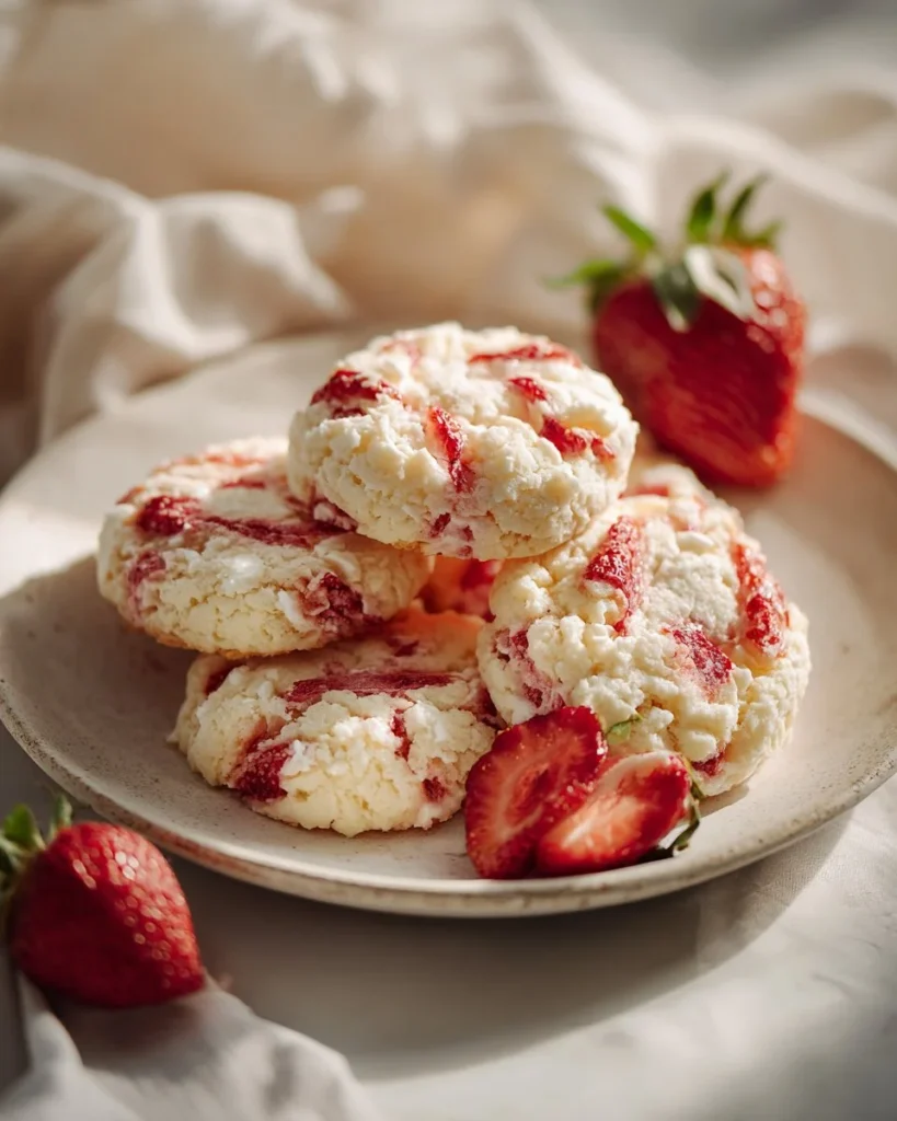 Strawberry cream cheese cookies on a plate, showcasing their pink hue and creamy texture.
