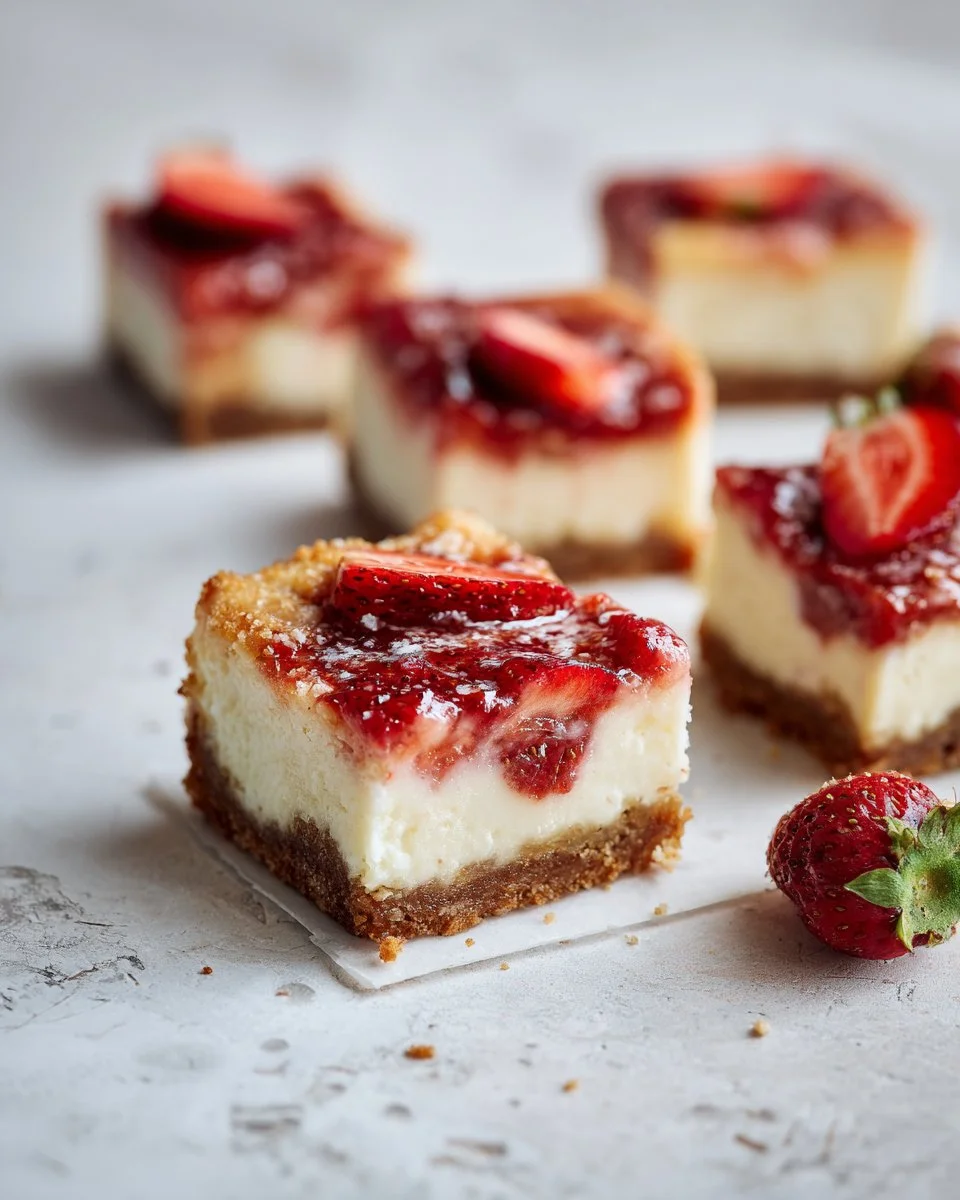 Delicious strawberry rhubarb cheesecake bars topped with fresh strawberries