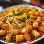 Tater Tot Casserole with Ground Beef topped with cheese and crispy tots