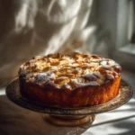 Traditional Norwegian rhubarb cake with fresh rhubarb and a golden crust