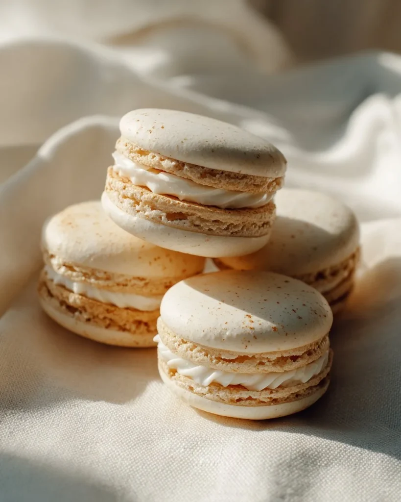 Delicious vanilla macarons on a white plate, perfect for dessert lovers.